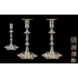 George II - III Fine Pair of Matched Cast Silver Candlesticks with Hexafoil Petal Bases,