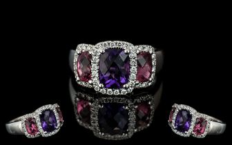 18ct White Gold Superb Contemporary Ladies 3 Stone Pink Tourmaline and Amethyst Set Ring,