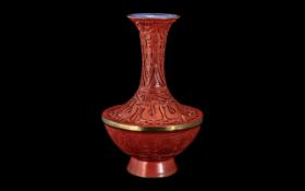 Chinese Red Cinnabar Vase, unusual shape, enamelled blue interior, superb condition.