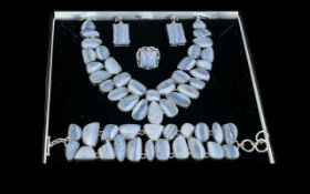 A Stunning Parure of Delicate Blue Lace Agate Cabochon Cut Polished Stones Set In Sterling Silver -