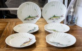 Limoges - Set of Six Limoges Fish Plates, shell shaped, measure 10'' diameter. White base with