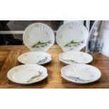 Limoges - Set of Six Limoges Fish Plates, shell shaped, measure 10'' diameter. White base with