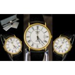 Longines Quartz Gold Plated Slim Line Wrist Watch, with black leather watch strap.