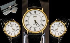 Longines Quartz Gold Plated Slim Line Wrist Watch, with black leather watch strap.