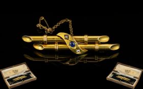 Antique 15ct Gold Sapphire & Diamond Set Brooch with safety chain, marked 15ct.