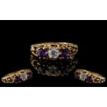 Ladies 9ct Gold Excellent Quality Diamond and Amethyst Set 3 Stone Ring. Superior Design /