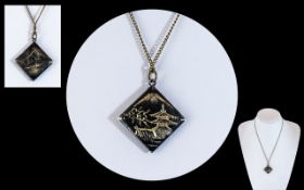 Japanese Meiji Period Gold On Silver Pendant, And Necklace. Depicting Typical Landscape Scenes.