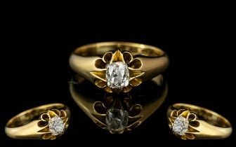 18ct Gold - Attractive Single Stone Diamond Set Ring, Gypsy Setting.