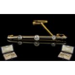 Antique Period 18ct Gold and Platinum 3 Stone Diamond Set Brooch with Safety Chain.