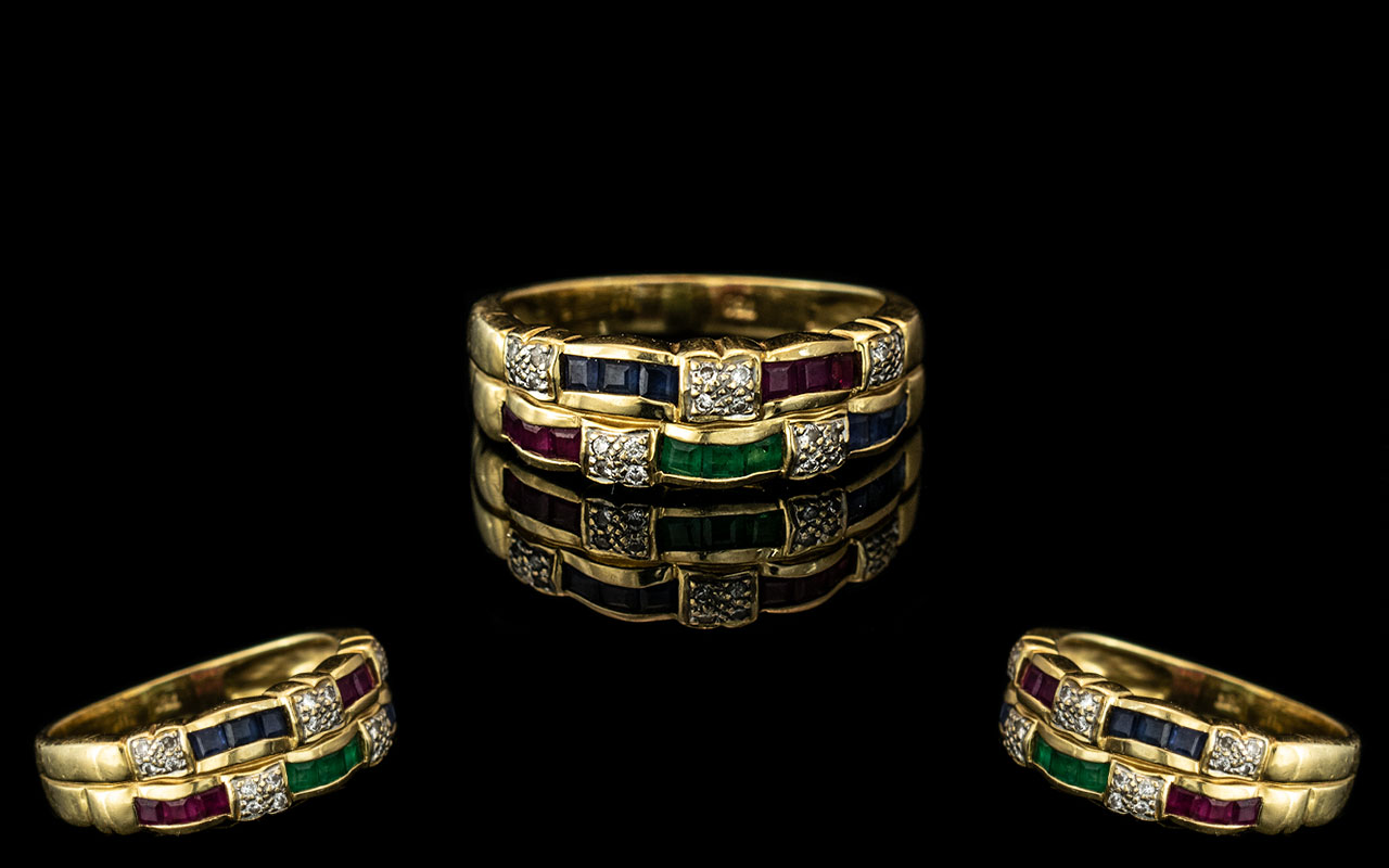 Ladies 18ct Gold Dress Ring, set with rubies, sapphires and emeralds between diamond square spacers.
