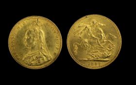 Queen Victoria Jubilee Head 22ct Gold Full Sovereign - Date 1887.