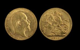 Edward VII 22ct Gold Full Sovereign - Date 1910. Good Grade - Please Confirm with Photo.