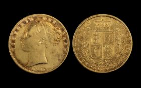 Queen Victoria 22ct Gold Young Head Shield Back Full Sovereign - Date 1865.