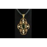 Antique Period - Attractive 9ct Gold Open Worked Pendant Set with a Pale Citrine and Pearls,