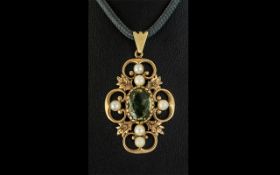 Antique Period - Attractive 9ct Gold Open Worked Pendant Set with a Pale Citrine and Pearls,