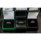 Three 9ct Gold Dress Rings, set with Citrine, Garnet and green Tourmaline coloured stones.
