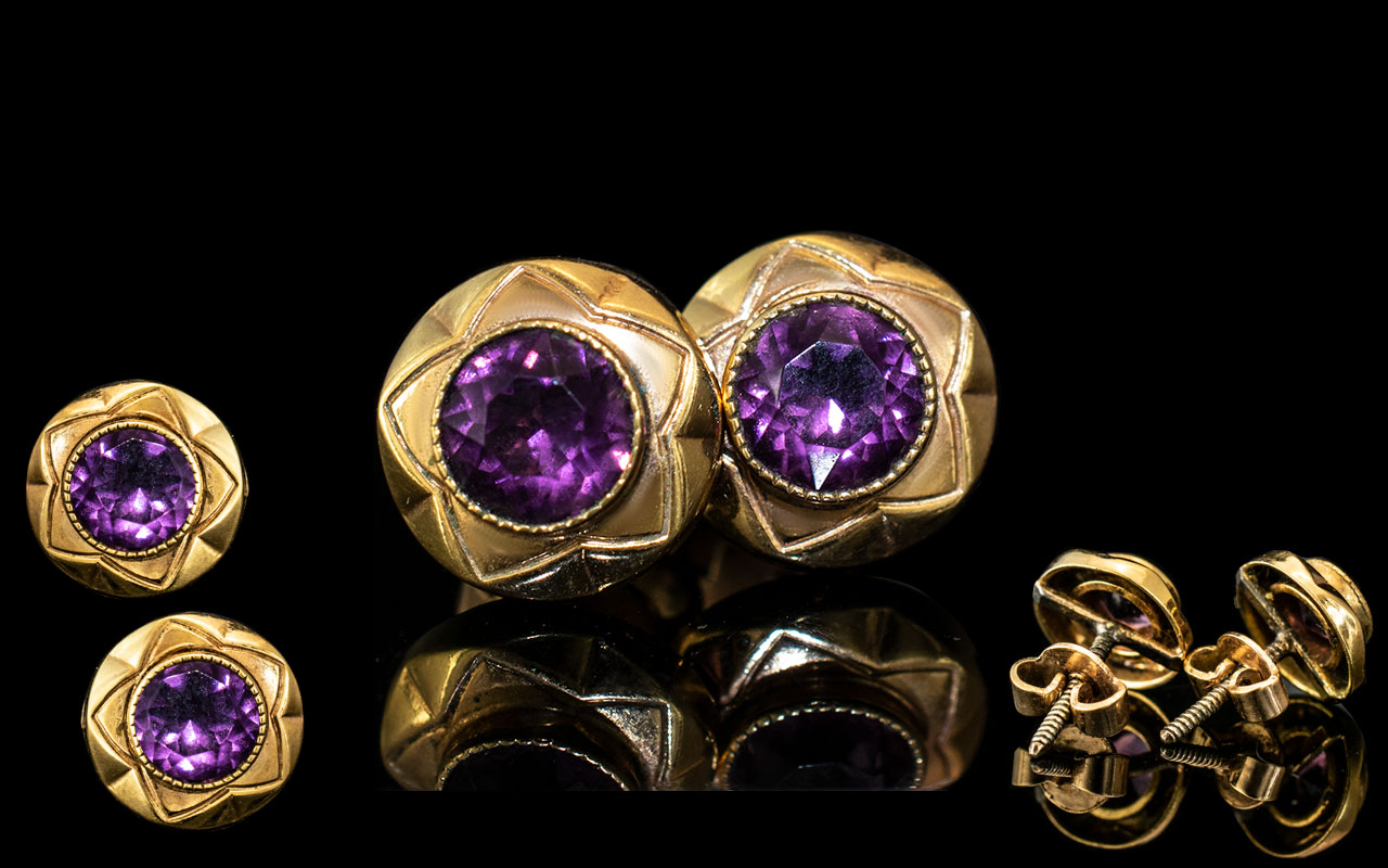 Antique 18ct Gold Or Higher Amethyst Set Earnings - Superior Quality, Unmarked But Tests High Carat.