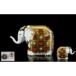 Royal Crown Derby Old Imari Gold Banded Small Elephant Figural Paperweight. Gold Stopper, Date 1990.