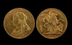 Queen Victoria Veiled Head - St George 22ct Gold Full Sovereign - Date 1894.