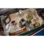 Box of Assorted Clocks and a Barometer, comprising a Weathermost wooden barometer 22" long,