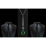 Ladies Attractive & Contemporary 9ct White Gold Faceted Green Stone & Diamond Set Pendant Drop,
