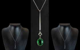 Ladies Attractive & Contemporary 9ct White Gold Faceted Green Stone & Diamond Set Pendant Drop,