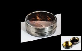 Antique Sterling Silver And Tortoise Shell Box - Mirror To The Inside Of Lid. Gold Gilt Interior.