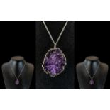 Vintage & Attractive Sterling Silver Amethyst Quartz Set Pendant, and chain. Est. 50 cts.