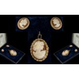 Ladies Attractive 9ct Gold Mounted Cameo Brooch / Pendant with Matching Earrings of Oval Form.