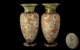 Royal Doulton Lambeth Fine Pair of Large Chine Ware Vases. Designer Emily Partington. c.1895.