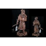 Japanese Carved Wooden Figure, 10.5" tall, depicting a warrior with a spear.