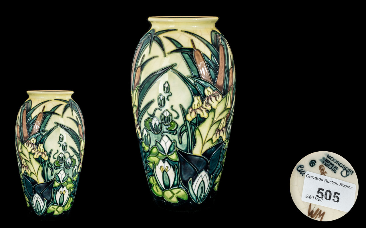 Moorcroft - Modern Tube lined Vase ' Lamia ' Bulrushes and Water Lilies Design on Pale Yellow