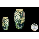 Moorcroft - Modern Tube lined Vase ' Lamia ' Bulrushes and Water Lilies Design on Pale Yellow