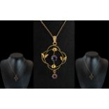 Antique Period - Attractive 9ct Gold Open Worked Pendant Set with Amethysts, Marked 9ct.