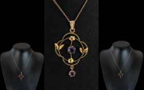 Antique Period - Attractive 9ct Gold Open Worked Pendant Set with Amethysts, Marked 9ct.