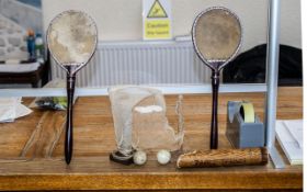 Antique Ping Pong Set, comprising bats with vellum face, table net and balls.