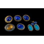 Collection of Lapis Lazuli Jewellery. Comprises 5 Silver Stamped Brooches of Oval Designs + 2 Pair