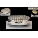 A Superb Quality Ladies Sterling Silver Lidded Trinket Box - With Blue Velvet Lined Interior,