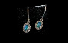 Opal Halo Set Drop Earrings, 1.5cts of oval cut opals, framed with halos of natural white zircons,