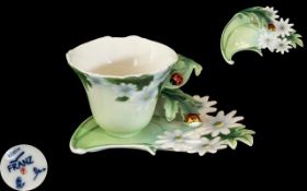 Franz - Hand Painted Porcelain Ladybird Cup and Saucer. Ladybird / Flowers Design. Ref No F200034.