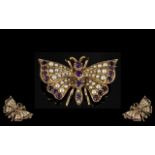 Antique Period Exquisite and Superior Quality 9ct Gold Amethyst and Seed Pearl Set Butterfly Brooch.