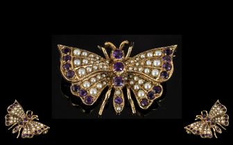 Antique Period Exquisite and Superior Quality 9ct Gold Amethyst and Seed Pearl Set Butterfly Brooch.