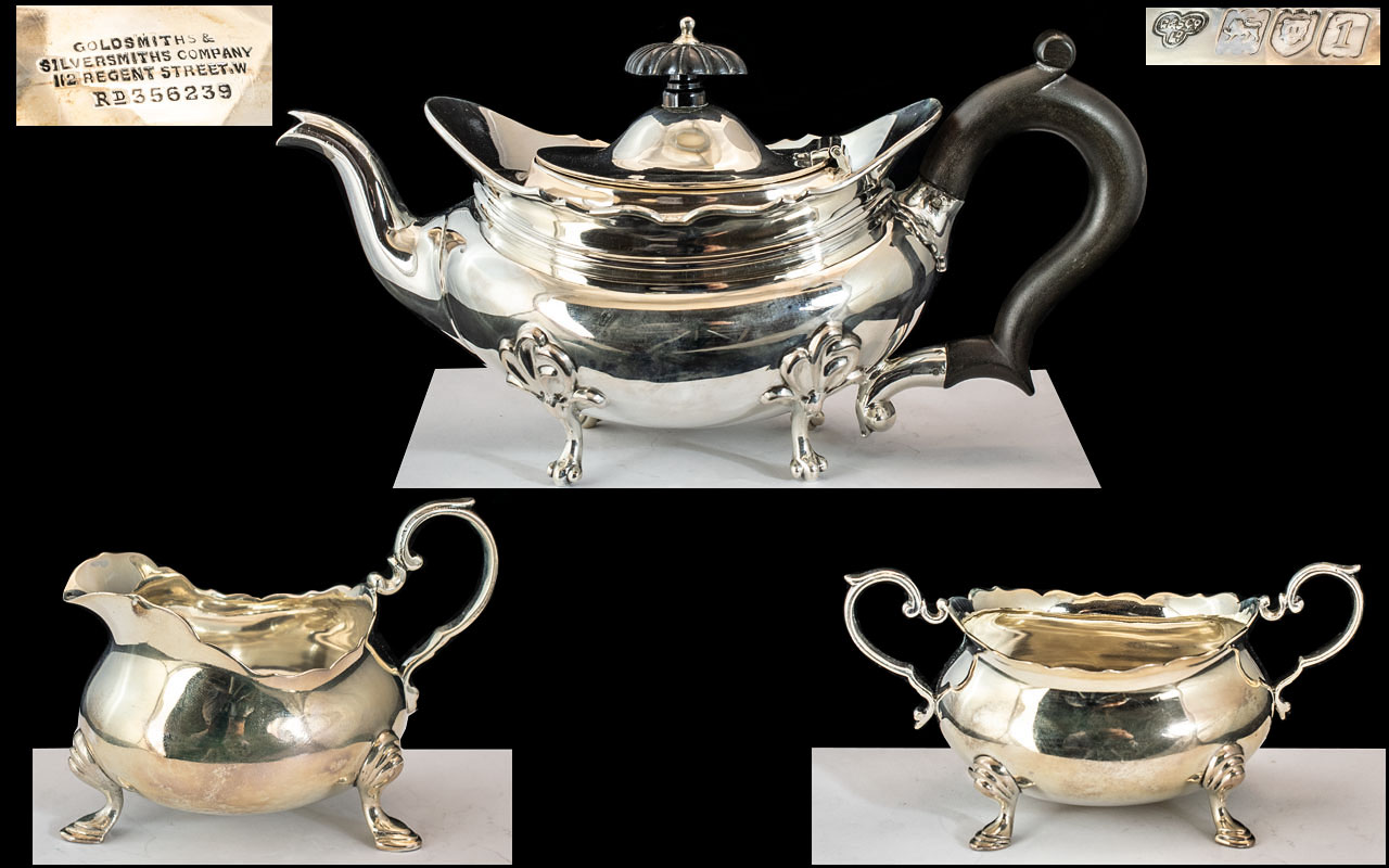 Sterling Silver Matched 3 Piece Tea Service - Comprising, Teapot, Sugar Bowl & Milk Jug.