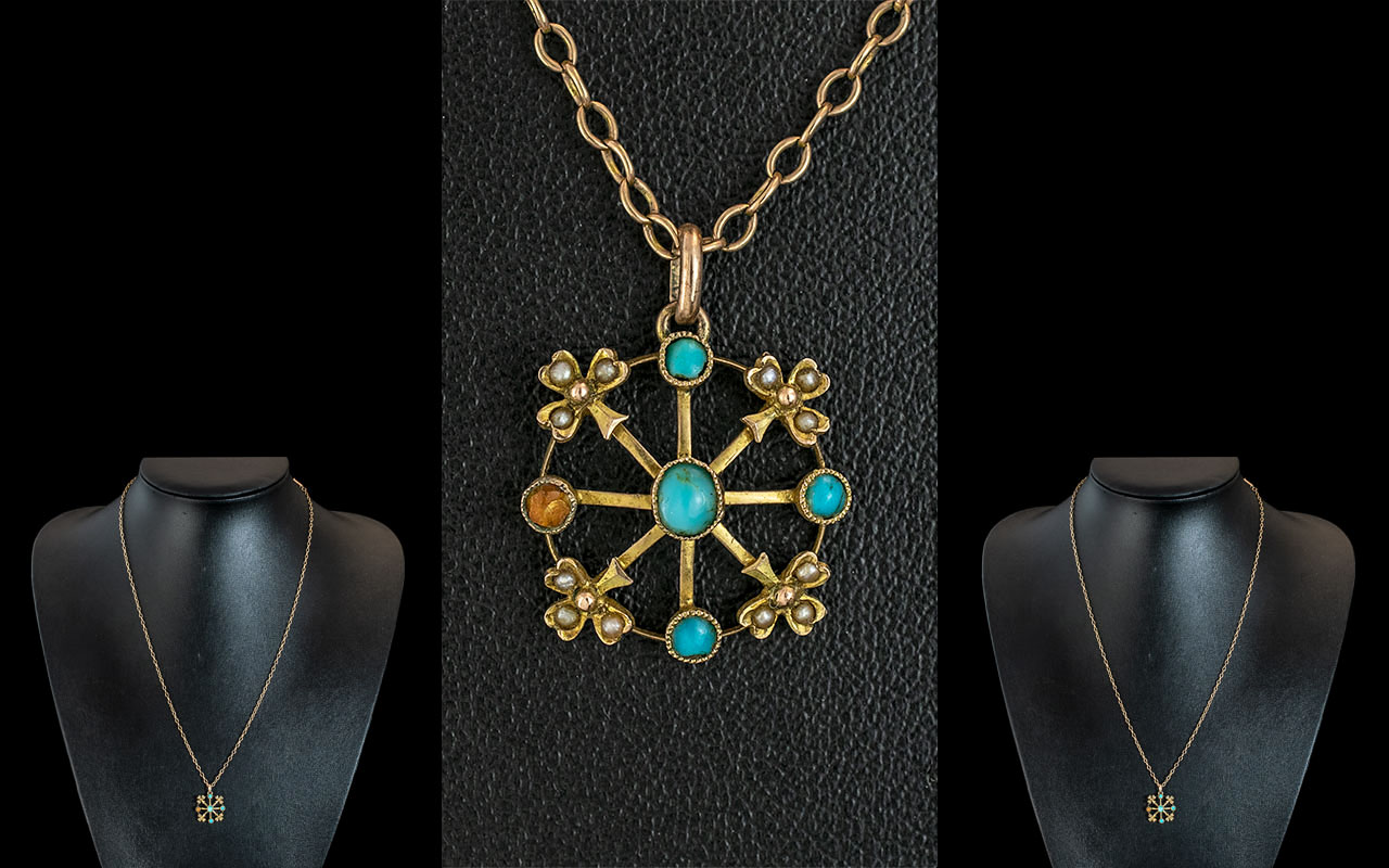 Antique 9ct Gold Attractive & Pretty Turquoise & Seed Pearl Set Pendant,