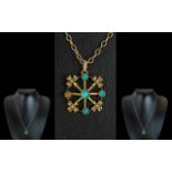 Antique 9ct Gold Attractive & Pretty Turquoise & Seed Pearl Set Pendant,