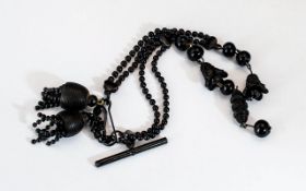 Antique Period Whitby Jet Fancy Watch Chain With T-Bar And Tazzels 16 inches - 40 cm long.
