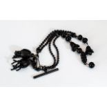 Antique Period Whitby Jet Fancy Watch Chain With T-Bar And Tazzels 16 inches - 40 cm long.