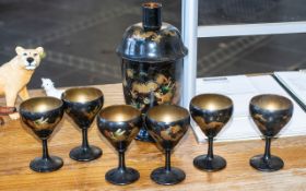 Chinese Papier Mache Cocktail Shaker Set, comprising a cocktail shaker and six stemmed glasses,