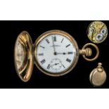 American Watch Co Waltham Traveller 10ct Gold Plate Full Key-less Hunter Pocket Watch.