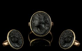 Antique Period 9ct Gold Black Basalt Bust Cameo Ring of Oval Form. Marked 9ct. Ring Size M.